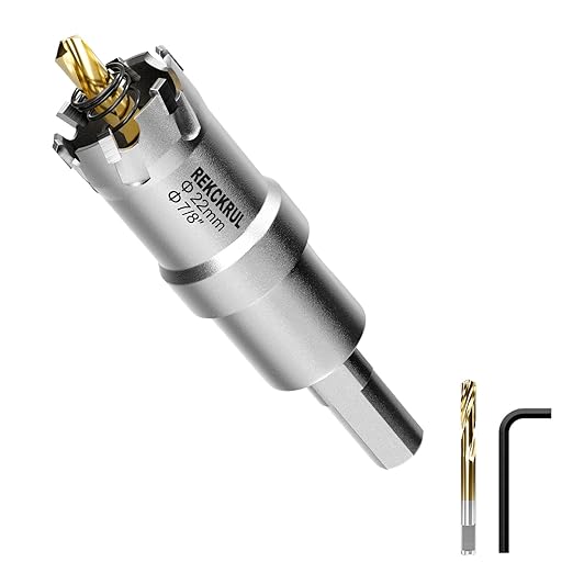 7/8" (22mm) TCT Carbide Hole Saw Kit for Metal - Heavy Duty Hole Cutter Drill Bits Set with 2 Titanium/Step Pilot Drill Bits & L-Wrench, Cuts Stainless Steel, Iron, Aluminum, Wood, Plastic