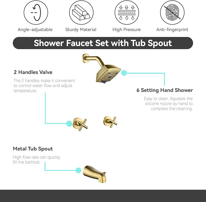 2 Handle Shower Faucet Set with Tub Spout 6-Spray Shower Head and Handle Set Shower Trim Kit with Rough-in Valve Bathroom Shower Faucet Valve Trim Kit Brushed Gold