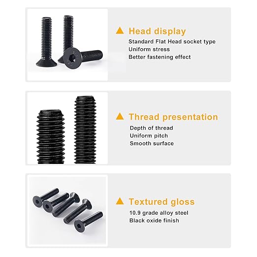 M8-1.25 x 45mm 15PCS Flat Head Hex Socket Cap Screws, Countersunk Bolts, 10.9 Grade Alloy Steel, Black Oxide Finish, Metric Allen Drive, Fully Threaded