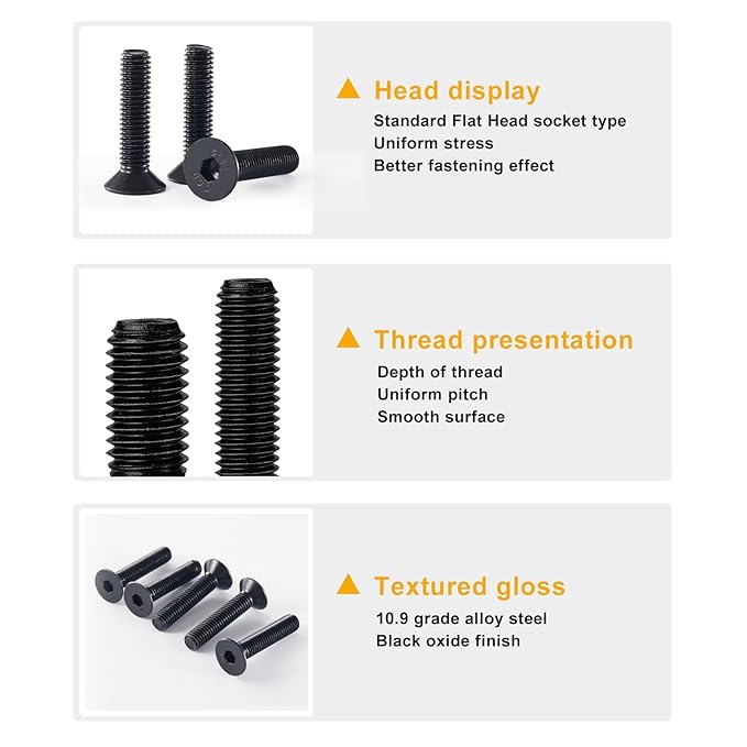 M8-1.25 x 70mm 10PCS Flat Head Hex Socket Cap Screws, Countersunk Bolts, 10.9 Grade Alloy Steel, Black Oxide Finish, Metric Allen Drive, Fully Threaded