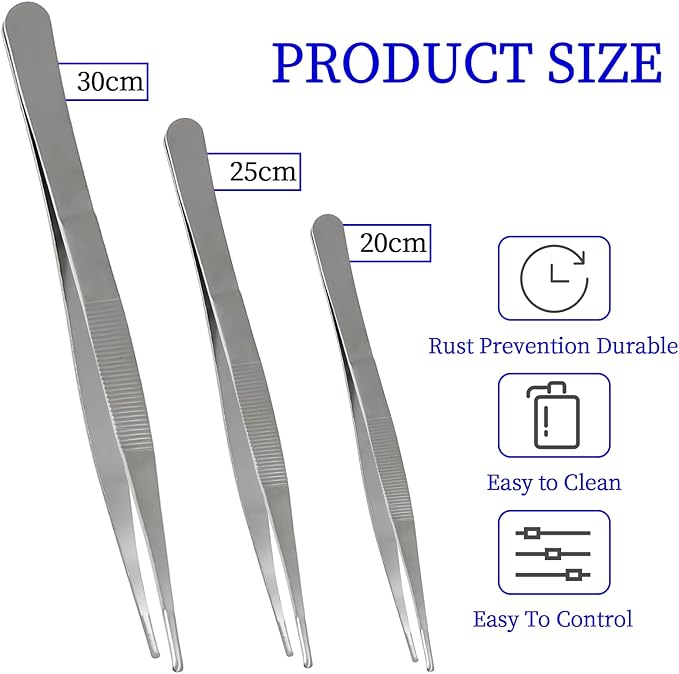 3Pcs Stainless Steel Tweezer Set (8" 10" 12"), Long Tweezers with Precision Serrated Straight Tips, Non-slip Multitool Tweezer for Cooking, Repairing, Medical, Garden