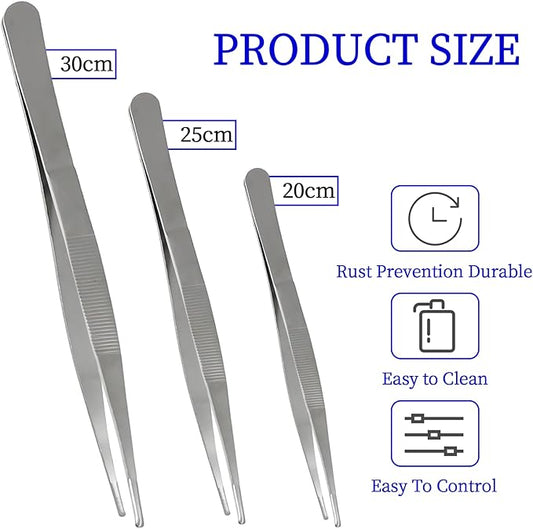 3Pcs Stainless Steel Tweezer Set (8" 10" 12"), Long Tweezers with Precision Serrated Straight Tips, Non-slip Multitool Tweezer for Cooking, Repairing, Medical, Garden