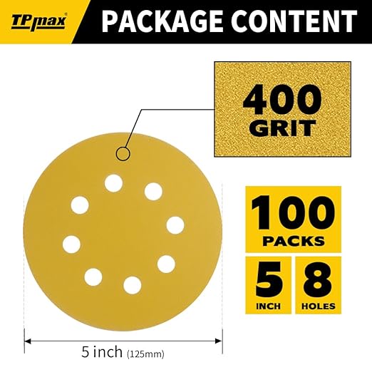 100PCS 5 Inch 400 Grit 125mm 8 Hole Sanding Discs Sandpaper - Premium Gold Round Hook and Loop for Random Orbital Sander - Ideal for Wood, Metal, Automotive