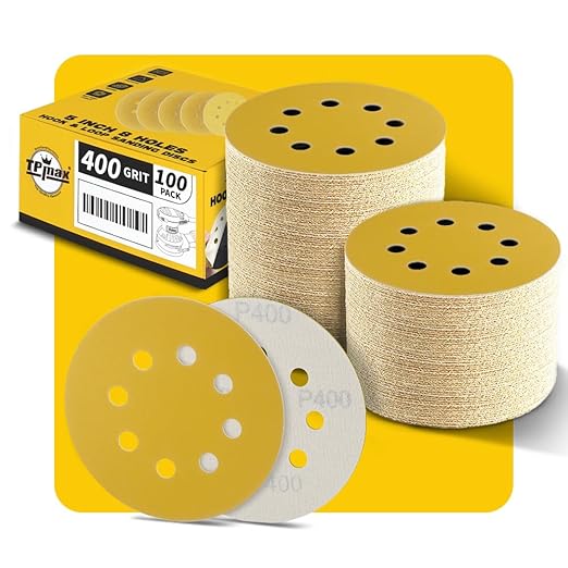 100PCS 5 Inch 400 Grit 125mm 8 Hole Sanding Discs Sandpaper - Premium Gold Round Hook and Loop for Random Orbital Sander - Ideal for Wood, Metal, Automotive