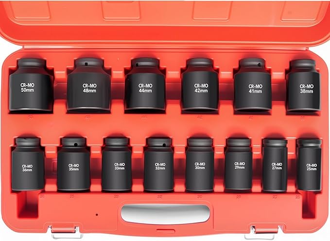 1/2 Inch Drive Deep Impact Socket Set,6-Point, Metric Sizes(25-50mm),14 PCS,Cr-Mo Steel,Heavy Duty Impact Sockets for Automotive & Industrial Machinery,With a Storage Case