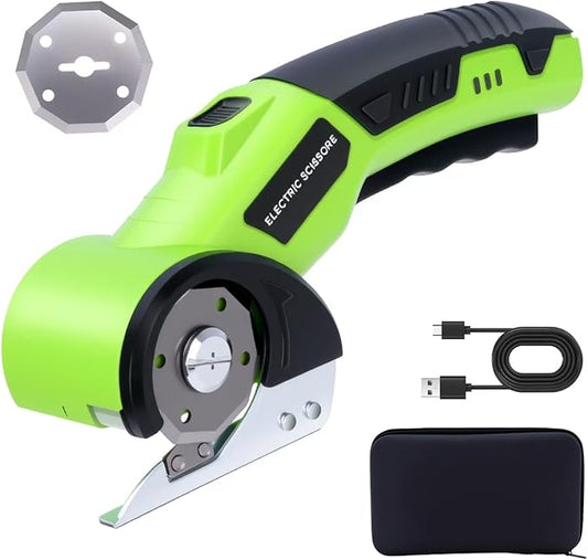 Cordless electric scissors, cardboard cutter, with safety lock, with LED light, two blades for powerful cutting of cardboard, leather, carpet, and fabric (green)