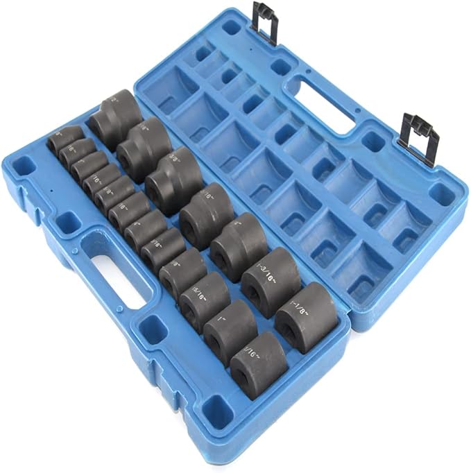 MacWork 19 Piece 1/2-Inch Drive Standard/Shallow Impact Socket Set, SAE, 3/8" to 1-1/2", CR-V&Cr-Mo Alloy Steel, 6-point Hex Radius Corner Design