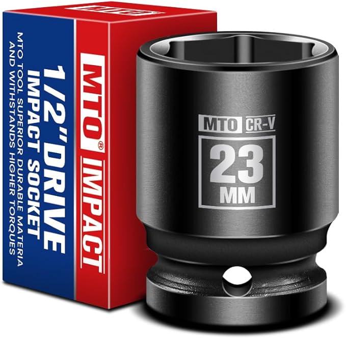 MTO 1/2" Drive 23mm Shallow Impact Socket, 6-Point Metric Socket for Automotive Maintaince, CR-V Steel Meets ANSI Standards