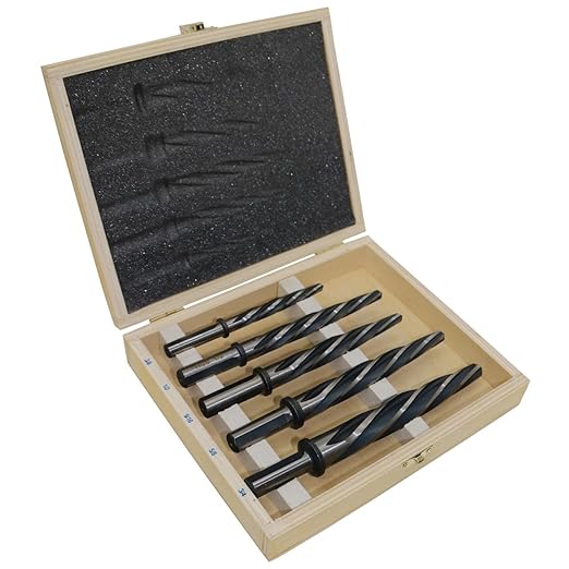 Drill America KFDRBSS5PC-SET 5 Piece HSS Bridge/Construction Reamer Set with Wooden Case, Black & Gold Finish, 1/2" Round Shank, Spiral Flute