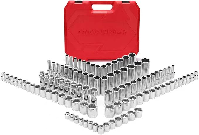 MIXPOWER 104 PCS 3/8" Drive Master Metric Socket Sets,Deep,Mid-Length,Shallow,Stubby and Flex Sockets,6 & 12 point,CR-V Steel