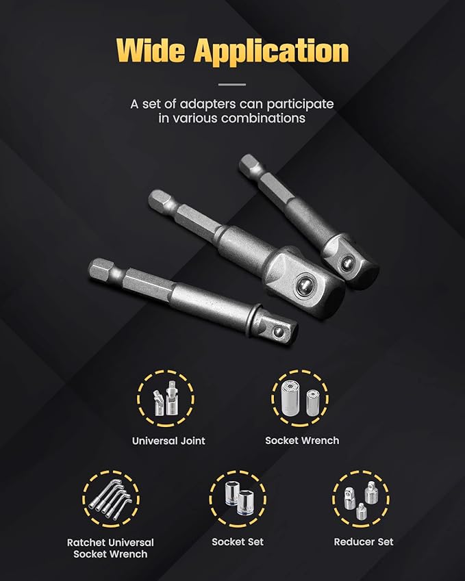 BOEN Impact Grade Socket Adapter Set, 6-PCS Drill Bit Adapter with Bit Holder, Sizes 1/4", 3/8", 1/2", 1/4-Inch SAE Hex Shank, Cr-V, for Cordless Drill & Screwdriver, Power Drill & Driver