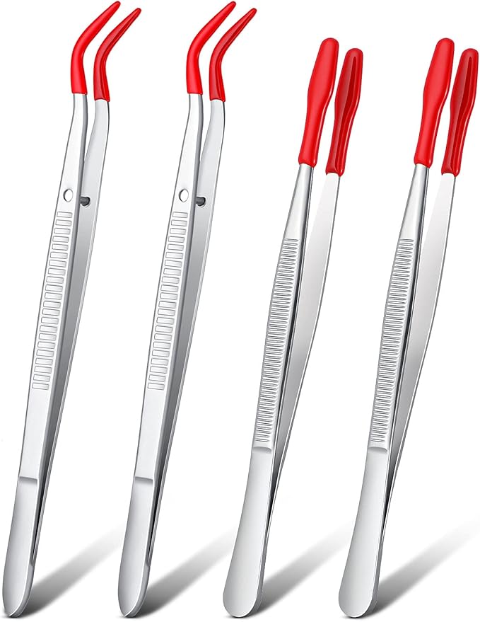 2 Pieces Bent Tip Tweezers with Rubber Tips PVC Coated and 2 Pieces Tweezers Rubber Coated PVC Soft Non Marring Flat Tips Lab Hobby Jewelry Craft Stainless Steel Tool(Red)