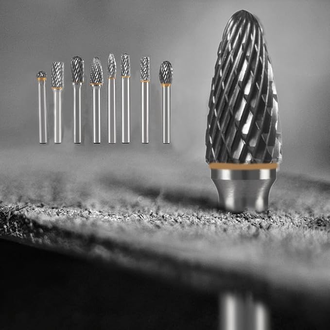 Carbide Burr Set 1/4" Shank 8PC Tungsten Double Cut Carbide Rotary Burr Set for Metal and Wood Carving, Grinding, Polishing, Engraving, Drilling in Sturdy Round Case.