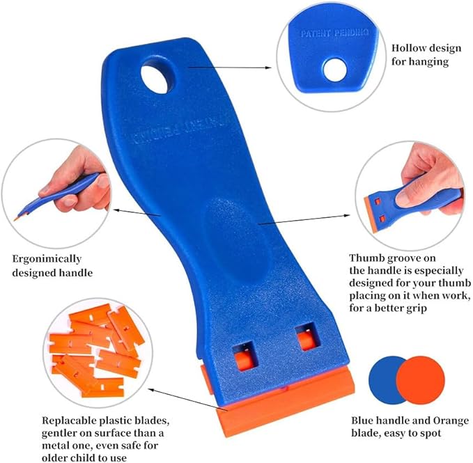 Plastic Razor Blade Scrapers with 100 Blades ??LINKOceans Safe Adhesive Remover for Stickers, Decals, Labels, Caulk & Gaskets on 3D printer beds,Glass,car or Windows Non Scratch Cleaning Tool