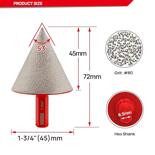 DT-DIATOOL Diamond Beveling Chamfer Bit 1-3/4 Inch with Hex Shank for Tile Porcelain Ceramic Granite Marble Existing Holes Enlarging Polishing Shaping Trimming Repairing