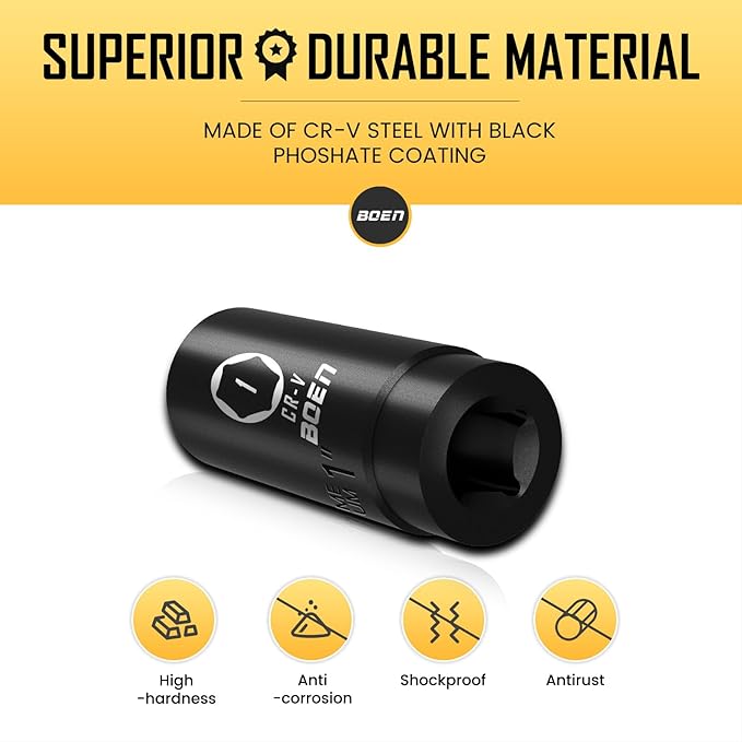 BOEN 1/2" Drive Deep Impact Socket,1 Inch Premium Socket,SAE,6 Point,Cr-V Steel with Laser Marking - Strong and Durable