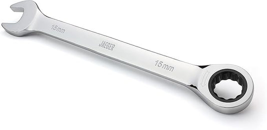 Jaeger 15 mm Ratchet Combination Wrench with 90-Tooth Ratcheting Precision and Hardened, Polished Steel for Projects with Metric Tight Spaces