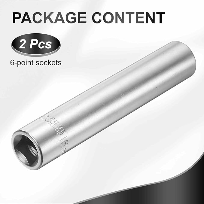 HARFINGTON 2pcs 6 Points Deep Socket 1/2" Drive 16mm Deep Metric CR-V Steel Polished Nickel Plating Flip Sleeve 120mm / 4.7" Extra Long Socket Tool for Home Auto Nuts Bolts Repair
