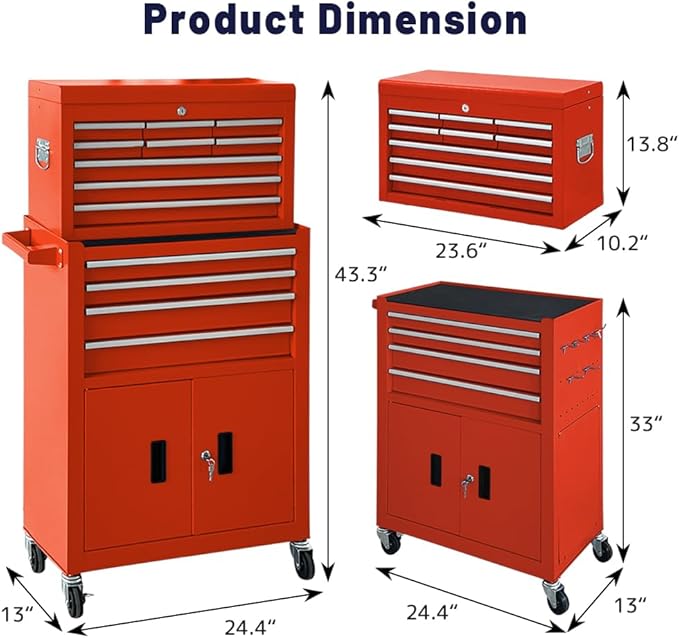 13-Drawer Rolling Tool Chest with Double Doors, 2 in 1 Detachable Rolling Tool Chest with Drawers, Metal Large Lockable Tool Box竊똌obile Tool Cabinet Combo for Garage Workshop (Red)