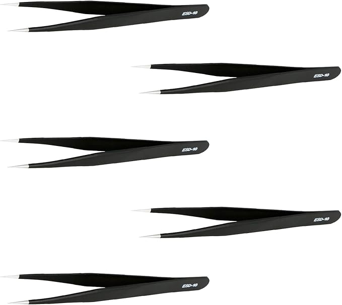 Aoje-Link ESD-10 Professional Anti-Static Precision Technology Tweezers, Non-magnetic Straight Pointed Tip, Stainless Steel Plastic Coated, Full Length 120mm, Black, 5pcs