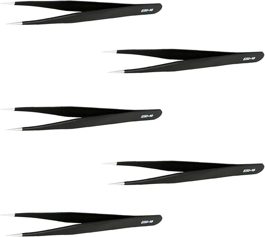 Aoje-Link ESD-10 Professional Anti-Static Precision Technology Tweezers, Non-magnetic Straight Pointed Tip, Stainless Steel Plastic Coated, Full Length 120mm, Black, 5pcs