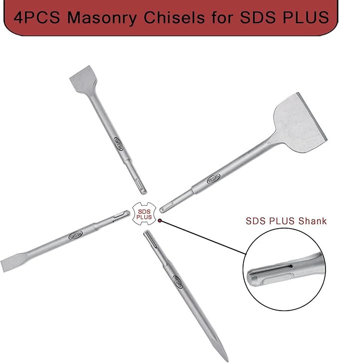 4 pcs SDS Plus Chisel Set, Masonry Concrete Drill Bit Set, Tile Removal Chisel Bits for Rotary Hammer with Point Flat Wide Tile Inclined Grooving Scraping Scaling Chisels