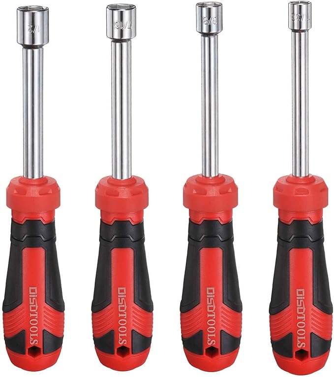 HARFINGTON 4 Pcs SAE Nut Driver 11/32" / 3/8" / 7/16" / 1/2" CR-V Non-Magnetic Tip Hollow Shafts Hex Socket Screwdriver with Anti-Slip Handle for Automobile Repair Bit Driver