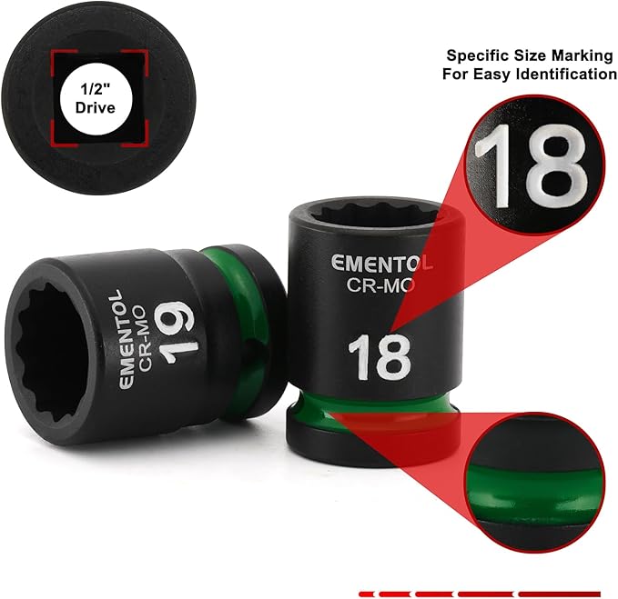 EMENTOL 1/2" Drive Impact Socket Set, Shallow Sockets, 26 Pieces, Metric (10-36mm), 12 Point, CR-MO, Stamped and Ink Filled