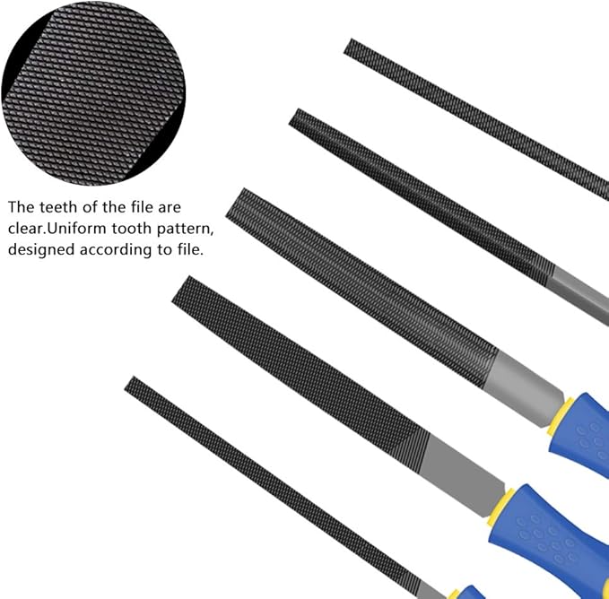 KALIM 5Pcs 6'' High Carbon Steel File, Rasp Set with Soft Rubber Non-slip Handle, Round/Half Round/Flat/Triangle/Squre, Grinding Hand Tool Set for Wood, Metal, Plastic, etc.