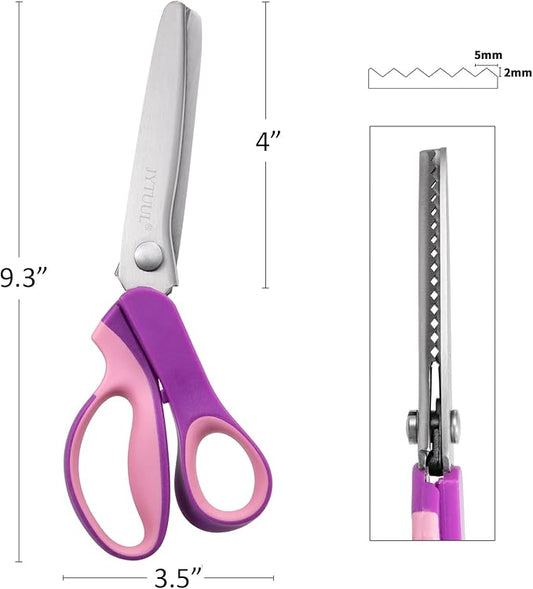 Purple Serrated Pinking Shears, 9.3 Inch Sharp Stainless Steel Blades Zig Zag Scissors, Comfort Grip Handled Professional Dressmaking Paper Leather Fabric Craft Scissors