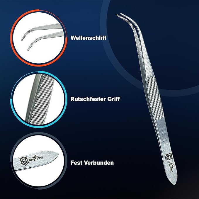 SMI 12.5 cm Lab Curved Tweezers, Anatomically Designed, Stainless Steel, Hobby Tweezers, Serrated Tip, DIY Crafting Precision Tweezers