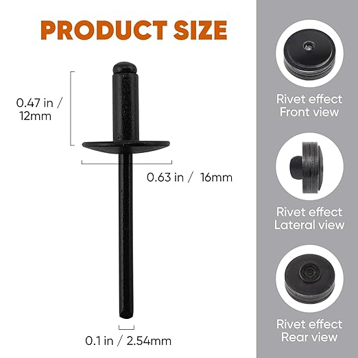 ALLCLEAN 110pcs All Black Large Flange Rivets,3/16 * 1/2" Open End Aluminum Blind Rivets,4.8 * 12 Pop Blind Rivet