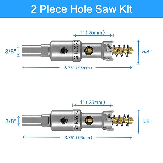 TCT Hole Saw Set, 2-Pack of 5/8" (16mm) Heavy Duty Tungsten Carbide Tipped Hole Cutters for Stainless Steel Mild Steel Copper Iron Brass Plastic and More, with Titanium-Plated Pilot Drill Bits