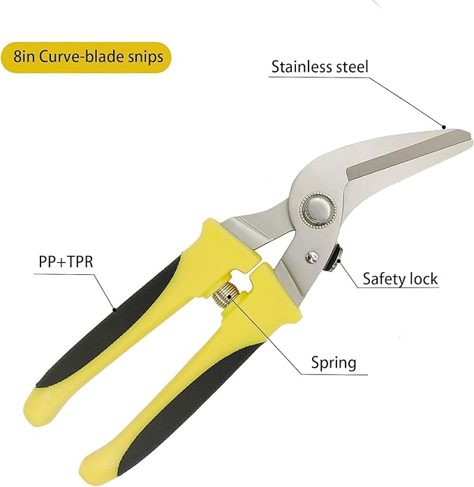 Tin Snips 8 Inch Heavy Duty Scissors Metal shears with Stainless Steel Curve-Blade Comfort Grips, Multifunction Cutting of Branches, Thin Iron, Cardboads