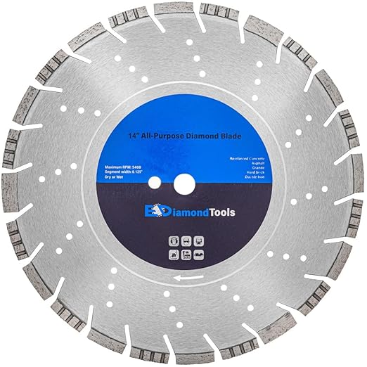 14" All Purpose Diamond Saw Blades for Hard/Reinforced Concrete, Asphalt, Granite, Terrazzo, Ductile Iron Piping, 4-5/8" Cutting Depth, 20mm Arbor