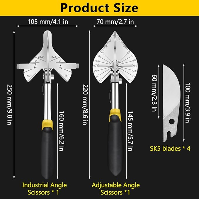 2 Pcs Miter Shears, Quarter Round Cutting Tool Adjustable at 22.5째 to 135째, Miter Shears for Angular Cutting Molding with 4 Replacement Blades, Trim Miter Cutter For Cutting Wood and Plastic (2)