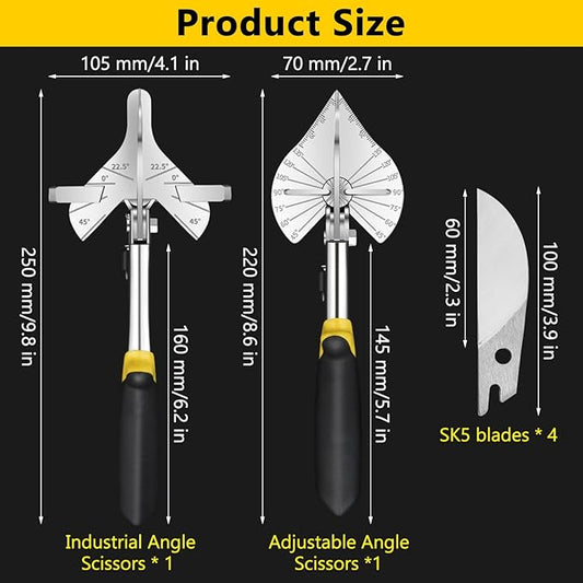 2 Pcs Miter Shears, Quarter Round Cutting Tool Adjustable at 22.5째 to 135째, Miter Shears for Angular Cutting Molding with 4 Replacement Blades, Trim Miter Cutter For Cutting Wood and Plastic (2)