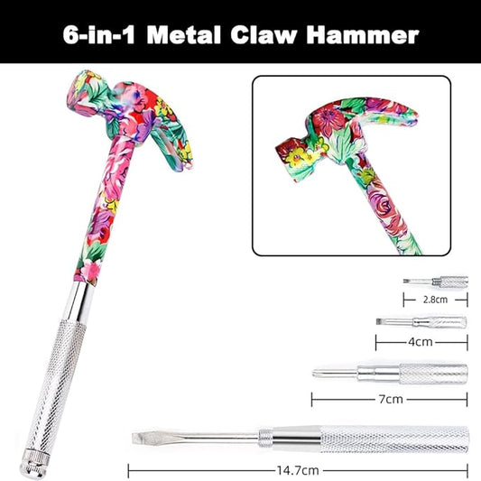 6 in 1 Flower Hammer and Screwdriver Tool, Compact Screwdriver Hammer Tools Set with Screwdriver, Best Gift for Birthday Valentine's Mother's day Christmas Thanksgiving Halloween (Pink)