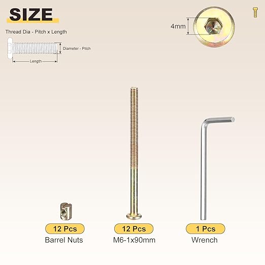 METALLIXITY Furniture Crib Screws Replacement Set with Wrench(M6-1x90mm) 24Pcs, Connector Bolt M6 Screw Barrel Nuts Binding Screws, for Chair Cabinet Bed, Yellow