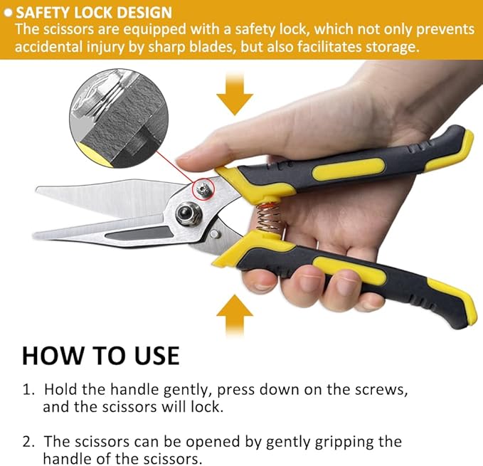 Stainless Steel Industrial Scissors, Utility Heavy Duty with Non-Slip Comfortable Handle & Safety Lock, Ultra Sharp Stainless Steel Scissors for Cutting Wires, Leather