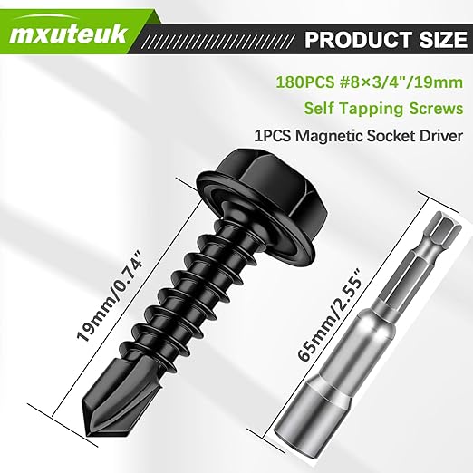 mxuteuk #8횞3/4" Self Tapping Screws,410 Stainless Steel Self Tapping Screws for Metal,Self Drilling Screws,Hex Washer Head Screws Suitable for Wood, Metal or Tough Materials (180PCS)