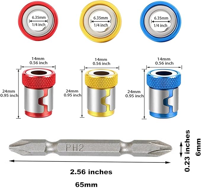 3-Piece Strong Magnetic Screw Ring Holder with 3-Piece Ph2 Screwdriver Head Set - Universal 1/4 Inch 6.35mm Hex Screwdriver Head
