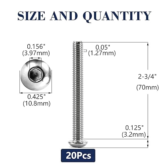 1/4-20 x 2-3/4" Button Head Socket Cap Bolts Screws, 20Pcs 304 Stainless Steel 18-8, Allen Hex Drive, Bright Finish by SG TZH(with Hex Spanner)