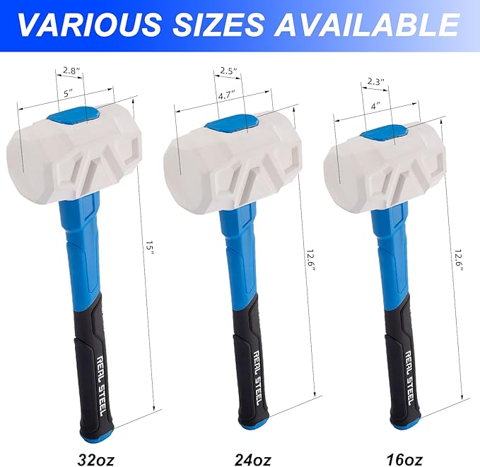 Real Steel Rubber Mallet Hammer 16 OZ White Rubber Hammer with Solid Head, Double-faced Mallets for Flooring, Woodworking, Camping, Automotive 0319