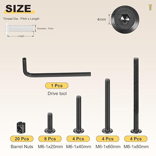METALLIXITY Furniture Crib Screws Replacement Set with Wrench(M6-1x20/40/60/80mm) 40Pcs, Connector Bolt M6 Screw Barrel Nuts Binding Screws, for Chair Cabinet Bed, Black