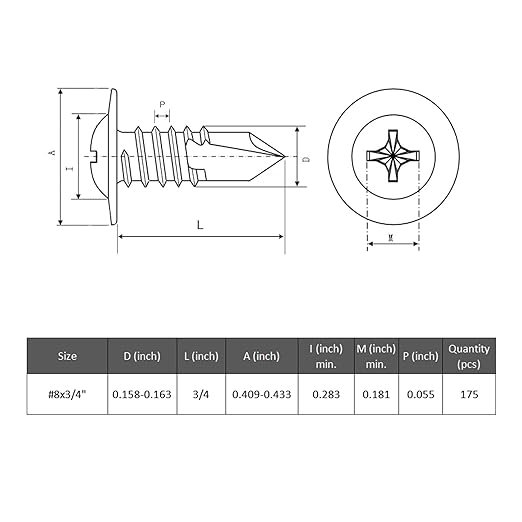 175Pcs #8 x 3/4" Self Drilling Screws for Metal,410 Stainless Steel Black Zinc Plated,Self Tapping Sheet Metal TEK Screws,Modified Truss Head