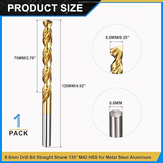 PATIKIL 8.8mm Drill Bit, M42 8% Cobalt High-Speed Steel Jobber Straight Shank 135° Titanium Nitride (TiN) Coated for Hard Metal Stainless Steel - 1 Pack