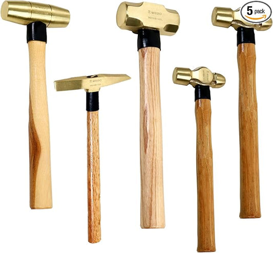WEDO 5-Piece Hammer Set - 3lb Sledge, 1.5lb Drum, 1lb & 2lb Ball Pein, 0.7lb Scaling Hammers with Brass Heads and Wooden Handles