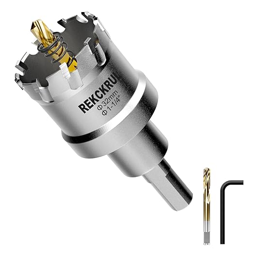 1-1/4" (32mm) TCT Carbide Hole Saw Kit for Metal - Heavy Duty Hole Cutter Drill Bits Set with 2 Titanium/Step Pilot Drill Bits & L-Wrench, Cuts Stainless Steel, Iron, Aluminum, Wood, Plastic