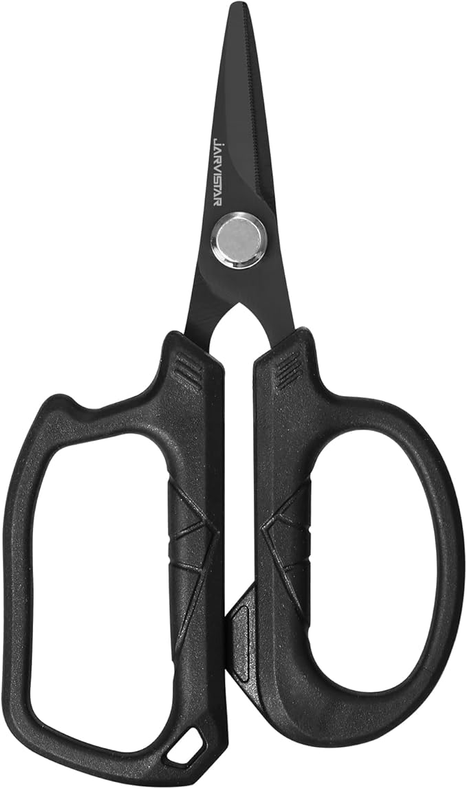 JARVISTAR 4.65" Fishing Scissors - Heavy Duty Line Cutter with Spring Clip Keychain, Dual Serrated Stainless Blades - Cuts Braided, Mono & Fluorocarbon Lines for Saltwater & Freshwater Black